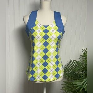 Jofit Argyle Green Blue Performance Tank Top Women’s Medium